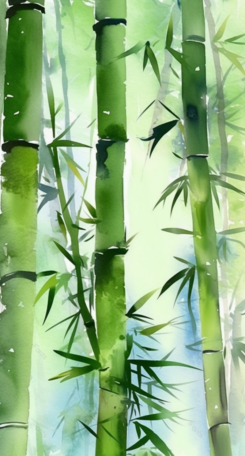 中国风插画春天季节清脆的竹子竹叶竹林雾气弥漫自然环境,插画/手绘图,插画/手绘图库,插画/手绘图下载,插画/手绘